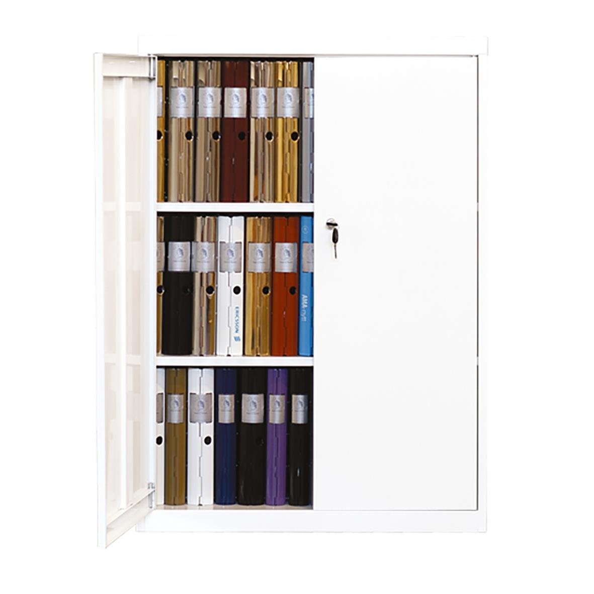 Förvaringsskåp Agrippa 1100 i vitt med 2 fasta hyllor, 80x40x110cm, öppet med många arkiveringsfiler