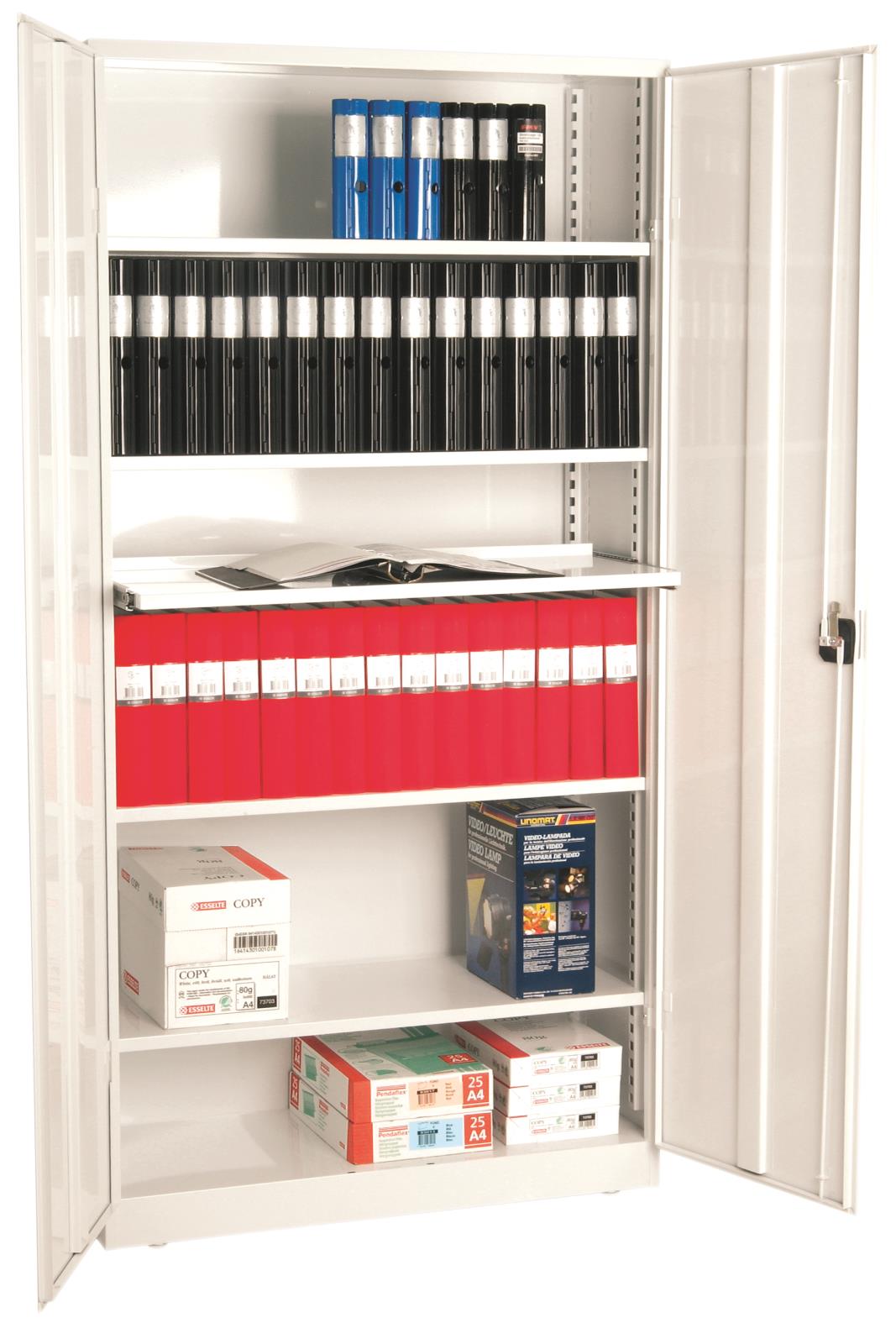 Förvaringsskåp med hyllor fyllda med arkivfiler, papper och kopieringspapper