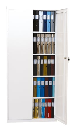 Förvaringsskåp Agrippa 1800 vit med 4 fasta hyllor, mått 80x40x182cm, öppet med hyllor fyllda med mappar och dokument
