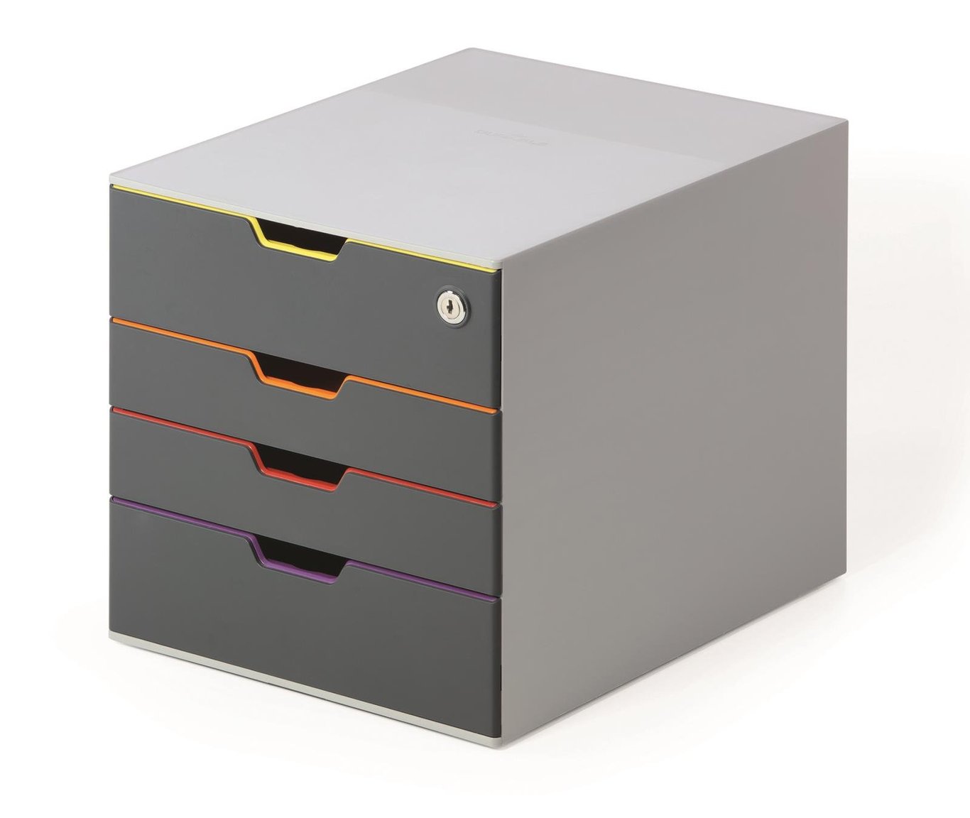 Grå blankettbox med fyra färgkodade lådor för A4-dokument, säkerhetslås och hållbar design