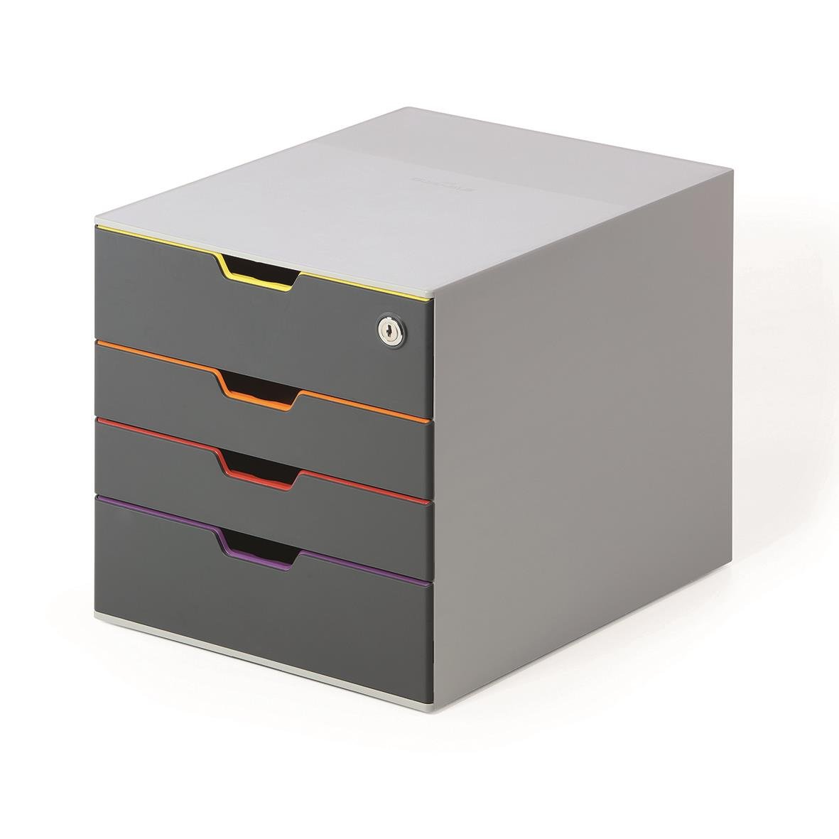 Grå blankettbox med fyra färgkodade lådor för A4-dokument, säkerhetslås och hållbar design