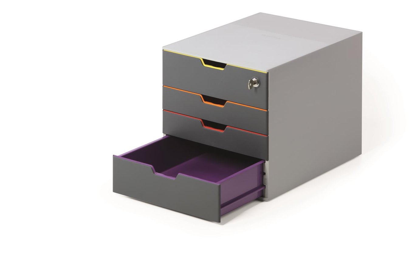 Grå blankettbox med tre lådor och en utdragen nedersta låda i lila färg