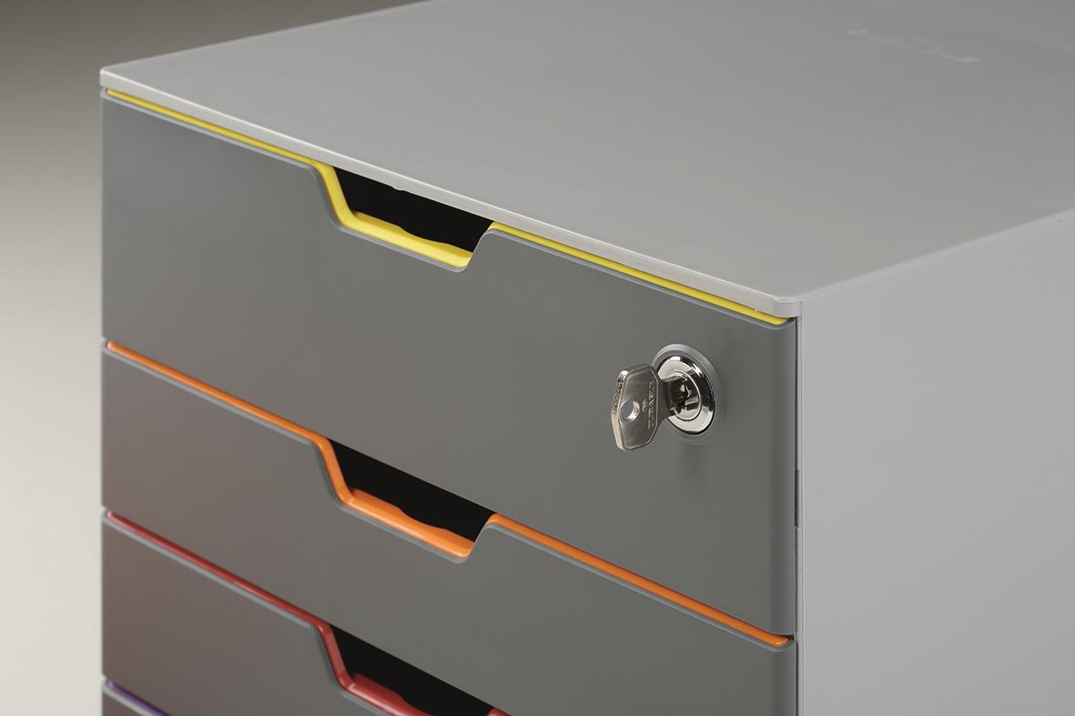 Grå blankettbox med fyra färgade lådor och lås, A4 storlek, Durable Varicolor SAFE