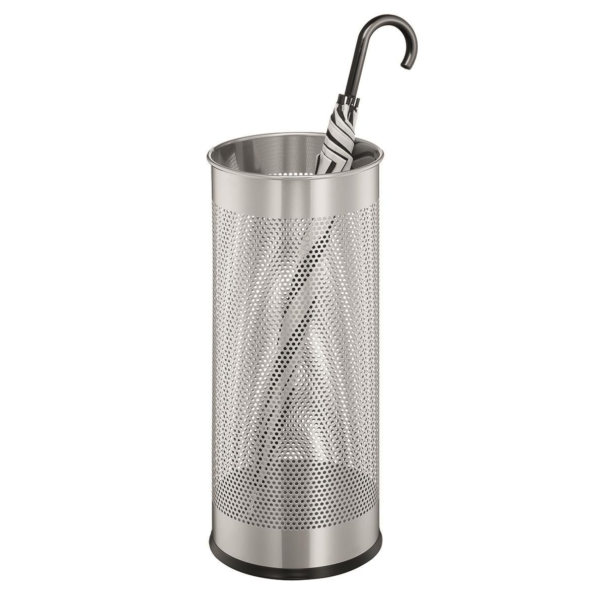 Snyggt paraplyställ i metall med perforerad design och svart botten, 62 cm högt, med ett svartvitt paraply