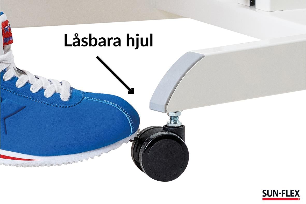 Höj- och sänkbart skrivbord Sun-Flex Easydesk Pro vit med låsbara hjul och en fot i blått