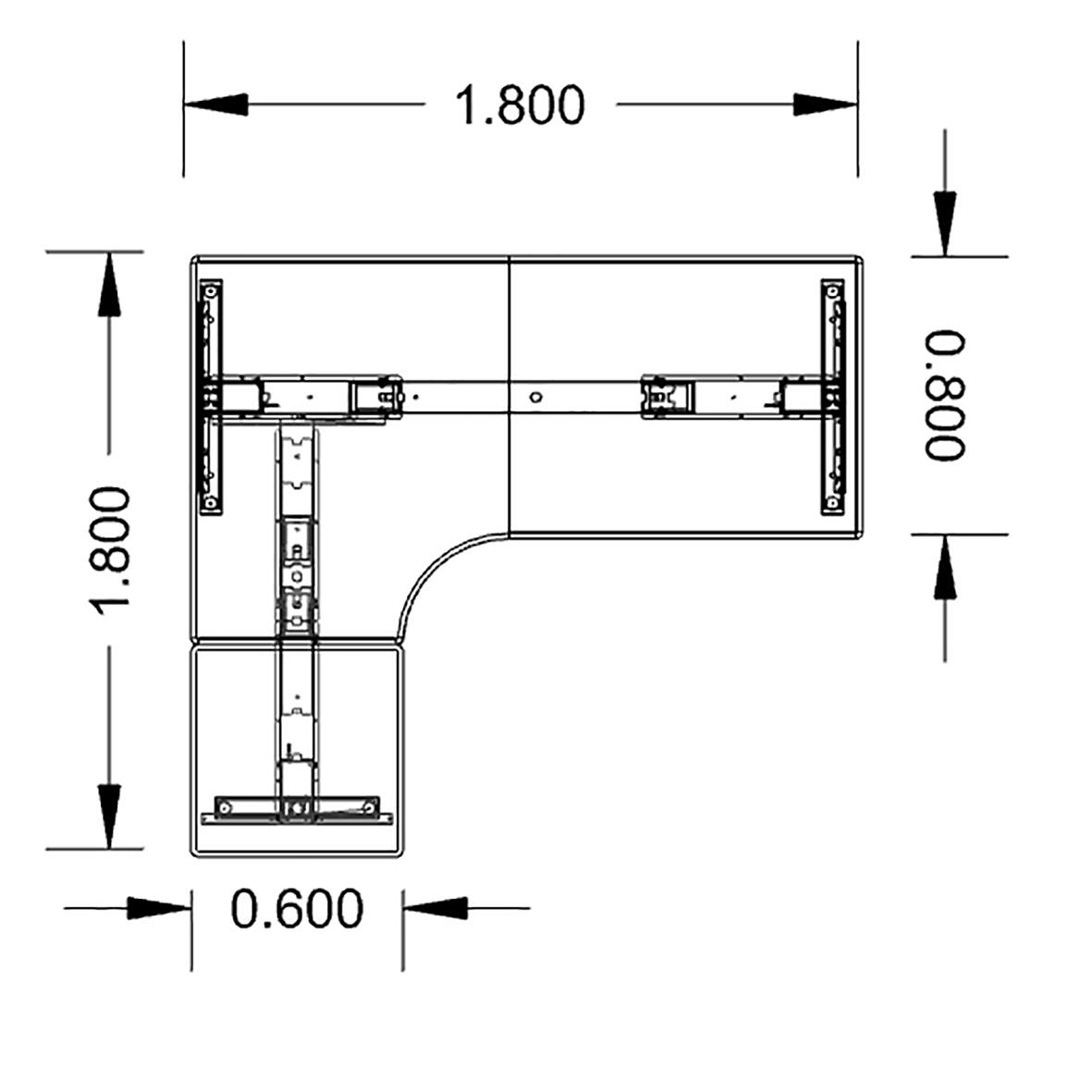 Höj- och sänkbart skrivbord Lanab Vänster Bok/Silver 1800x1800 med mått och ritning
