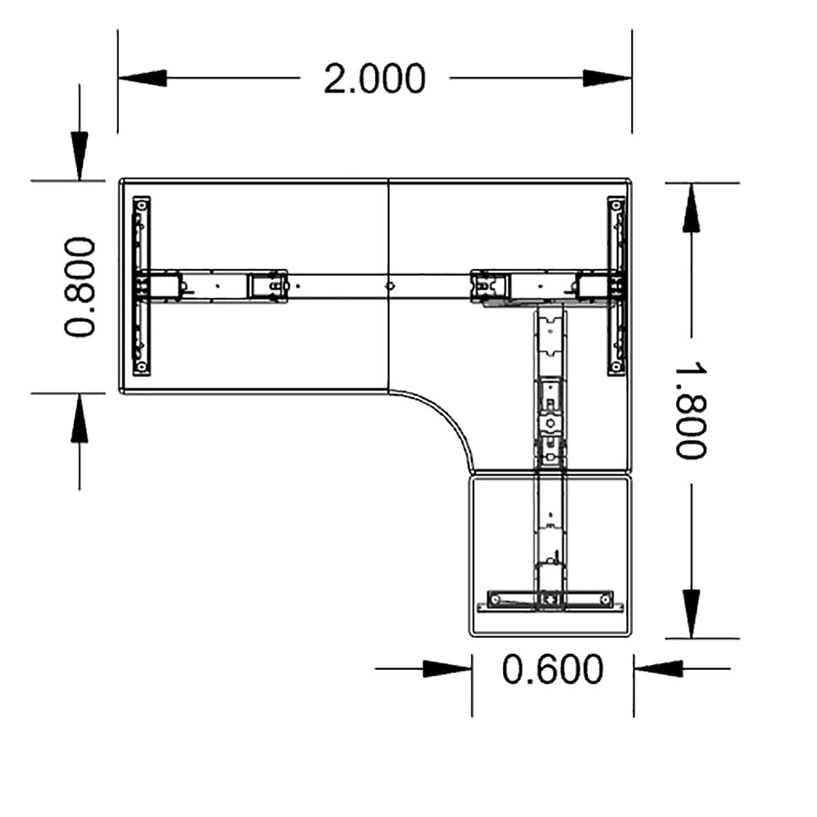 Höj- och sänkbart skrivbord i silver med måtten 2000x1800 mm, med justerbar höjd och arbetsyta
