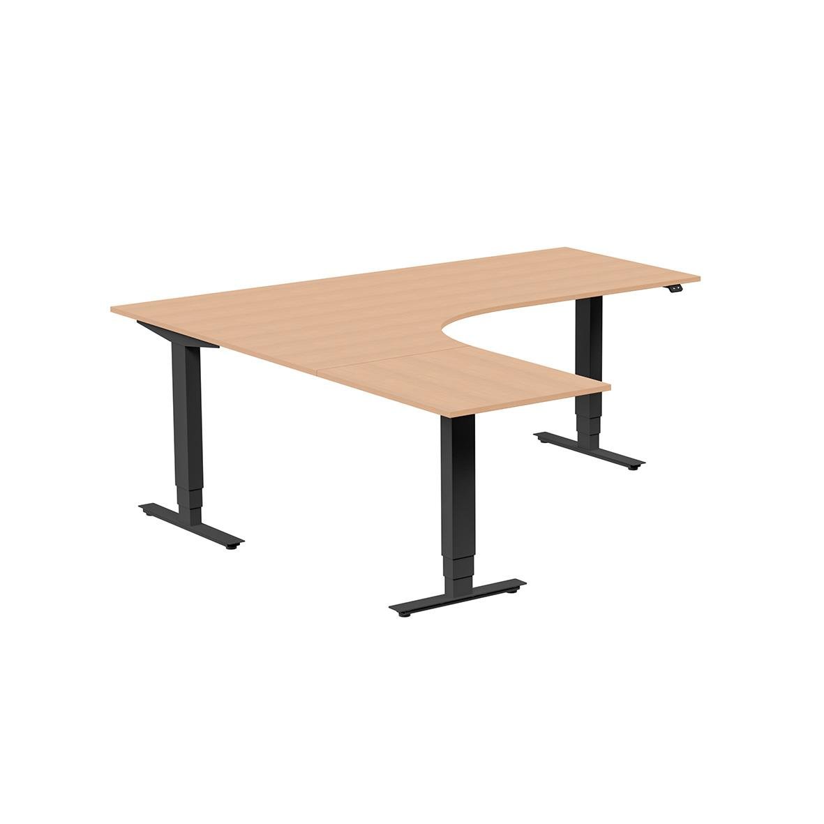 Höj- och sänkbart skrivbord med vänster bokskåp, svart ram och träfärgad yta, mått 2000x2000mm