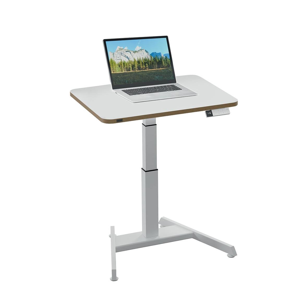 Höj- sänkbart skrivbord Leitz med vit yta och eldrift, 80x60cm, med laptop på