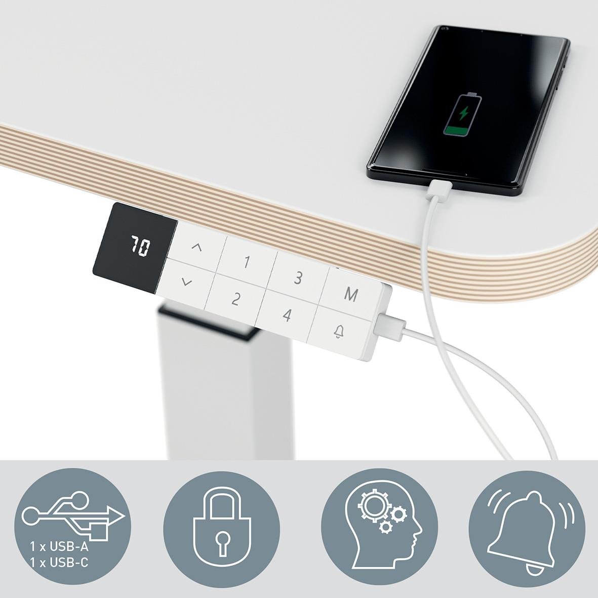 Höj- och sänkbart skrivbord Leitz med inbyggd kontrollpanel och USB-C laddare, vitt 80x60cm