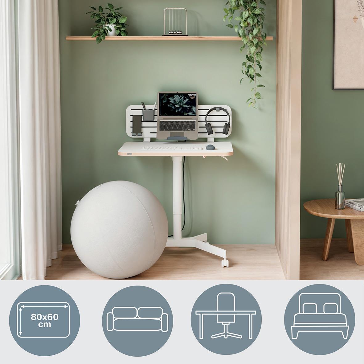 Höj- och sänkbart vitt skrivbord Leitz manuellt 80x60cm i ett minimalistiskt hemmakontor