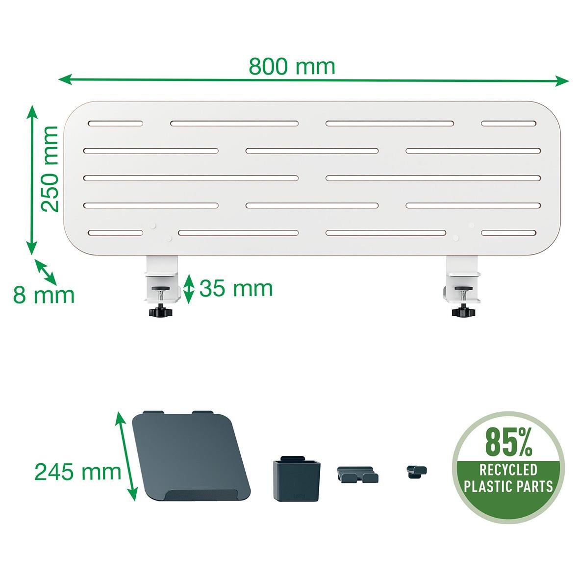 Desk organiser Leitz Till Ergo Pegboard med laptopställ och tillbehör, 85x25cm, inklusive tre tillbehör, tillverkat av återvunna plastdelar