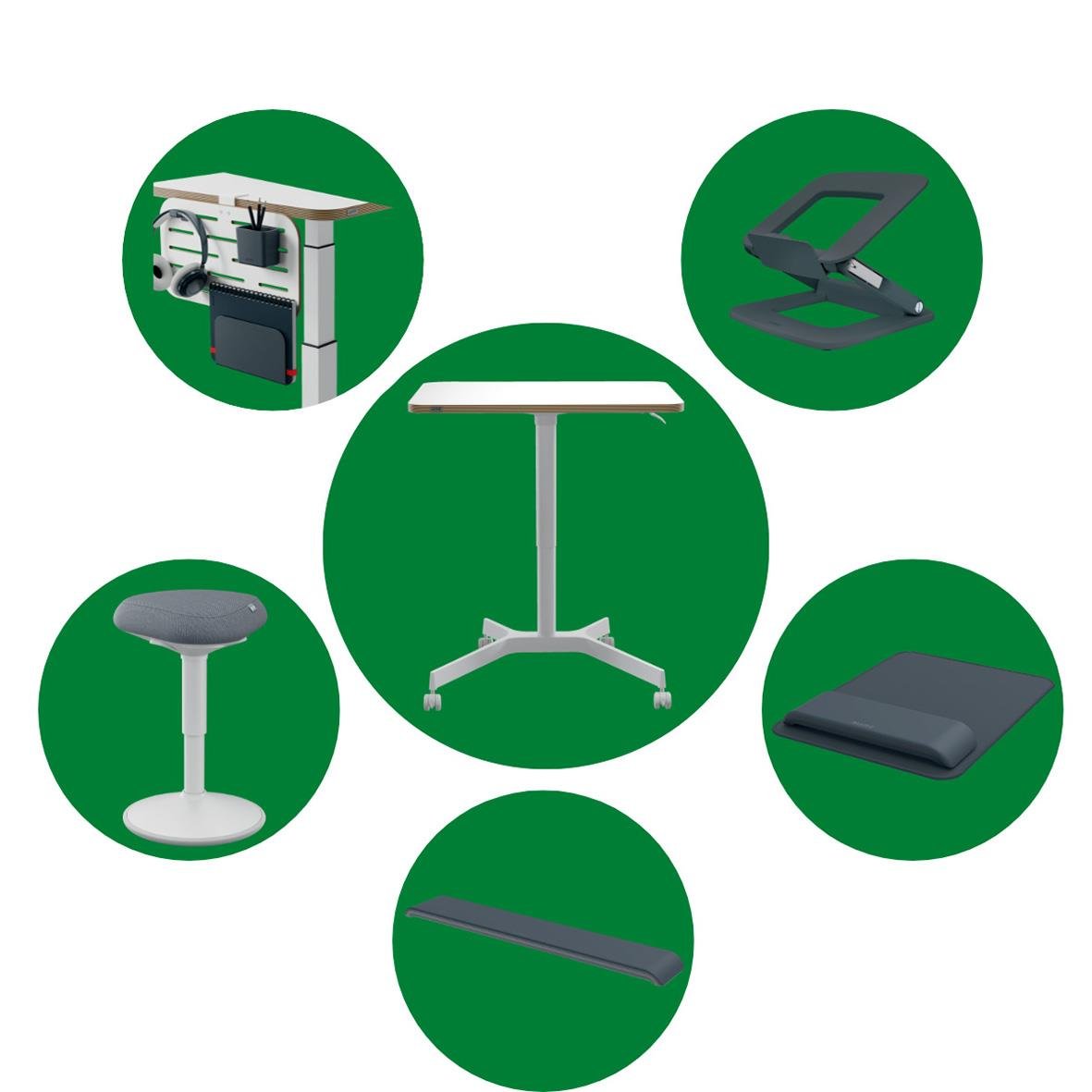 Workstation Leitz Ergo Compact Pro med skrivbord, skanner, höj- och sänkbar arbetsstation, stol, våg och tillbehör