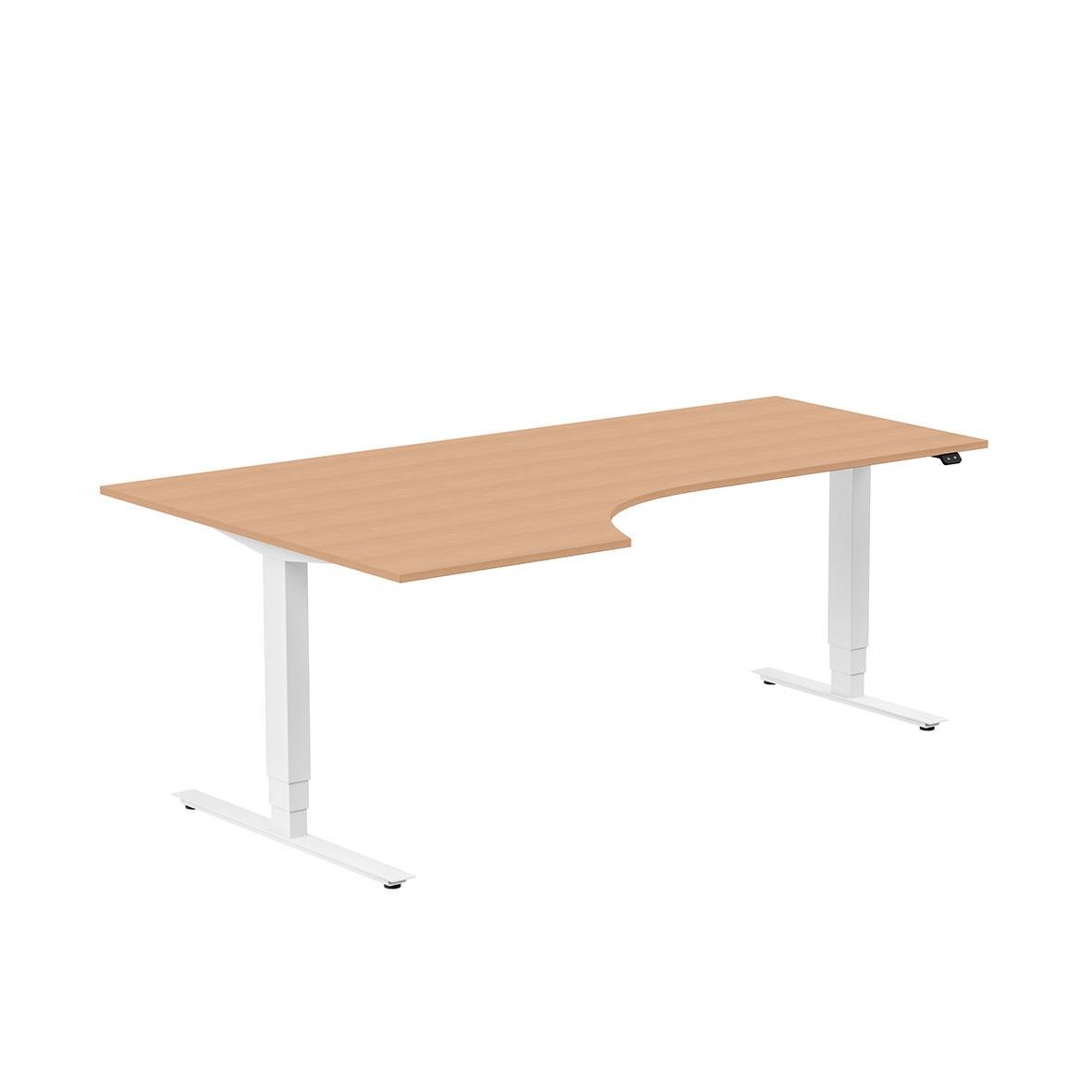 Höj- och sänkbart skrivbord med träskiva i ljus färg och vita ben, mått 2000x1200mm