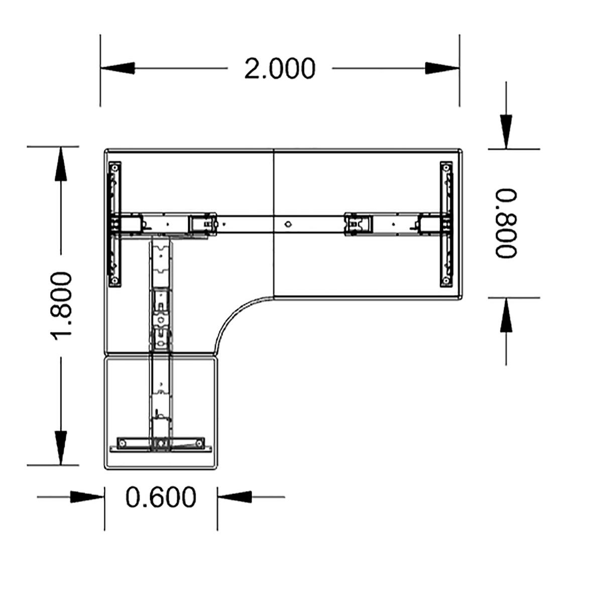 Höj- och sänkbart skrivbord Lanab Vänster Bok/Antracit 2000x1800mm med mått och ritning