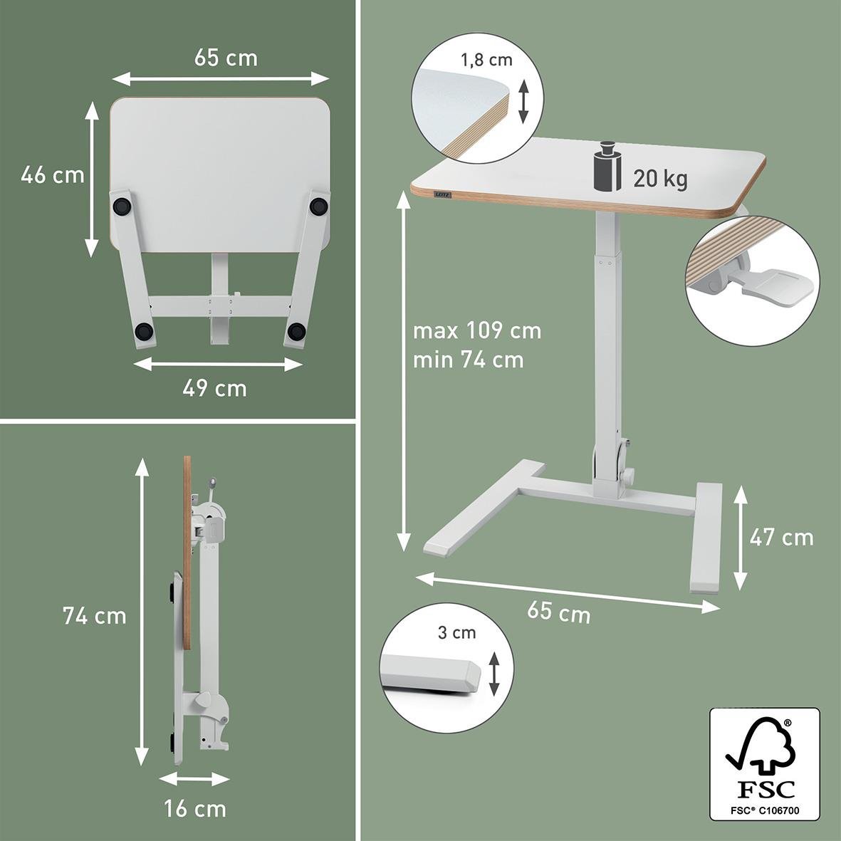 Höj- och sänkbart vitt skrivbord Leitz Ergo, hopfällbart, 65x46 cm, justerbar höjd, max 109 cm, vikt 20 kg.