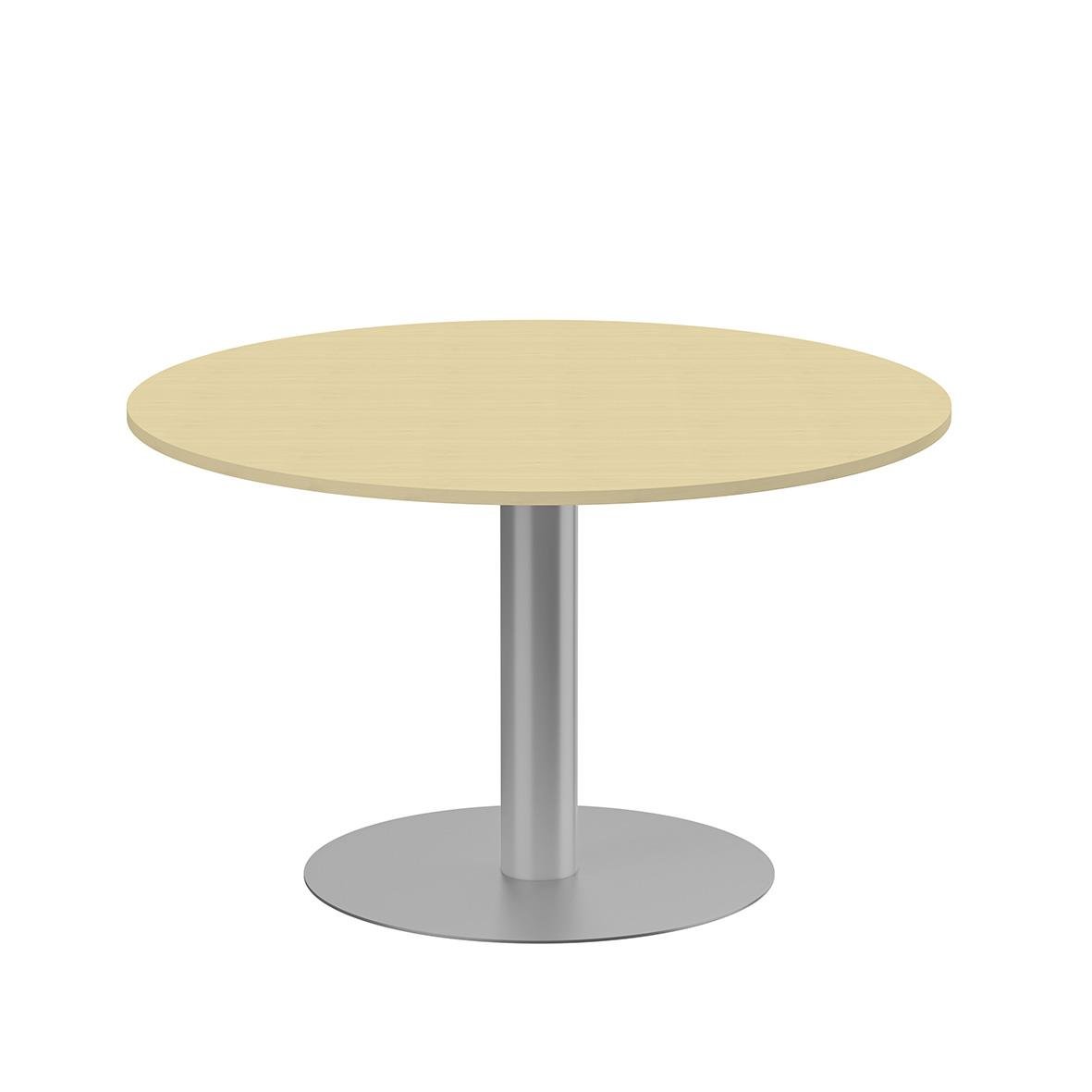 Runt pelarbord med björk- och silverfärgad yta, diameter 1200 mm och höjd 720 mm