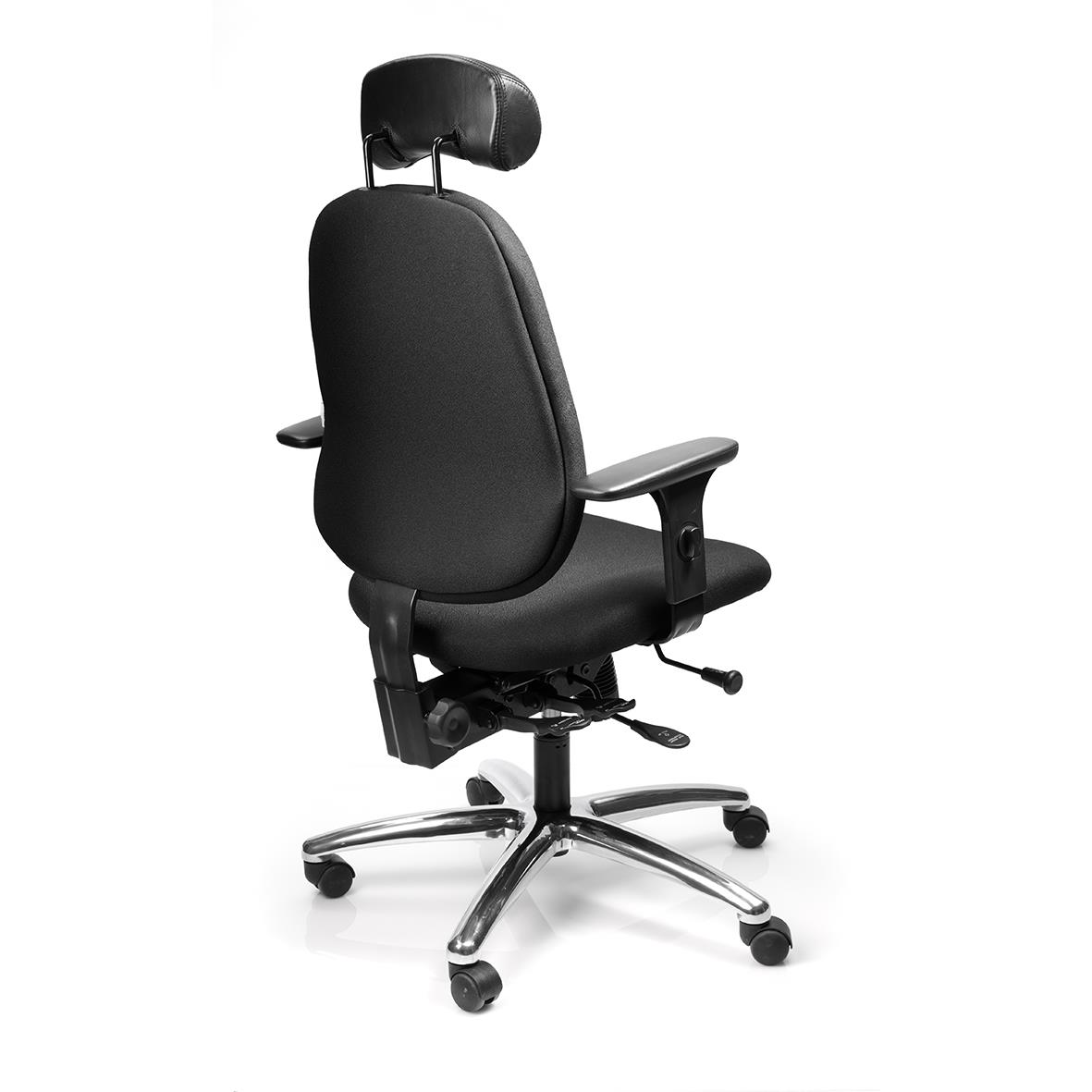 Svart kontorsstol med justerbart ryggstöd och hjul, ergonomisk design