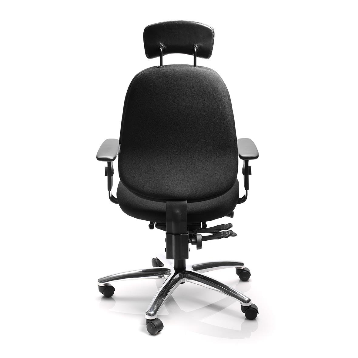 Svart kontorsstol med justerbara armstöd och hjul, ergonomisk design