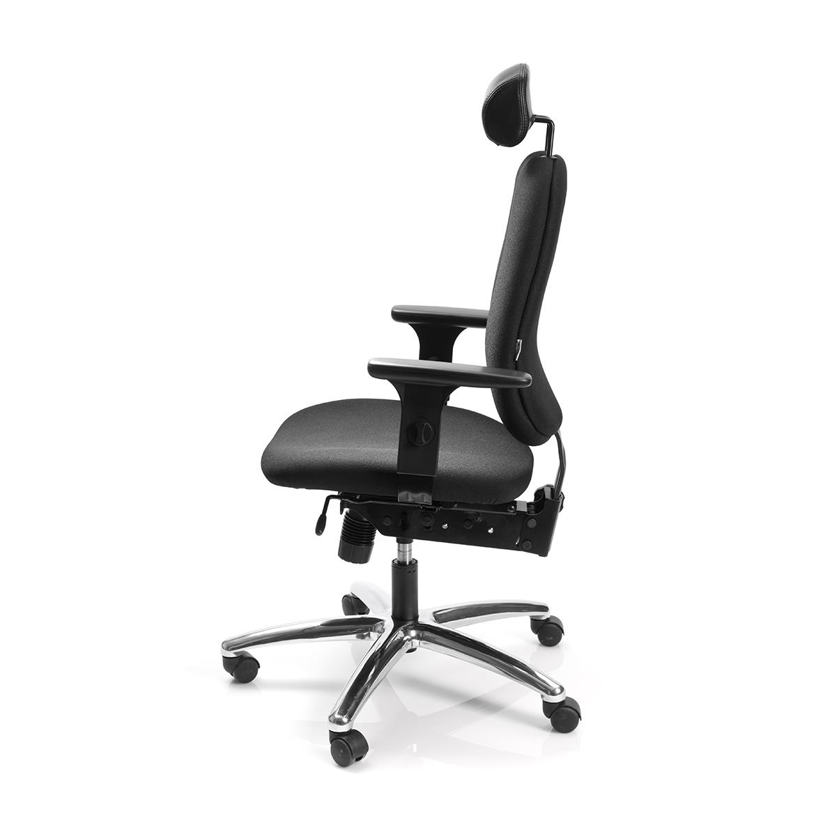 Svart kontorsstol med justerbart ryggstöd och hjul, ergonomisk design