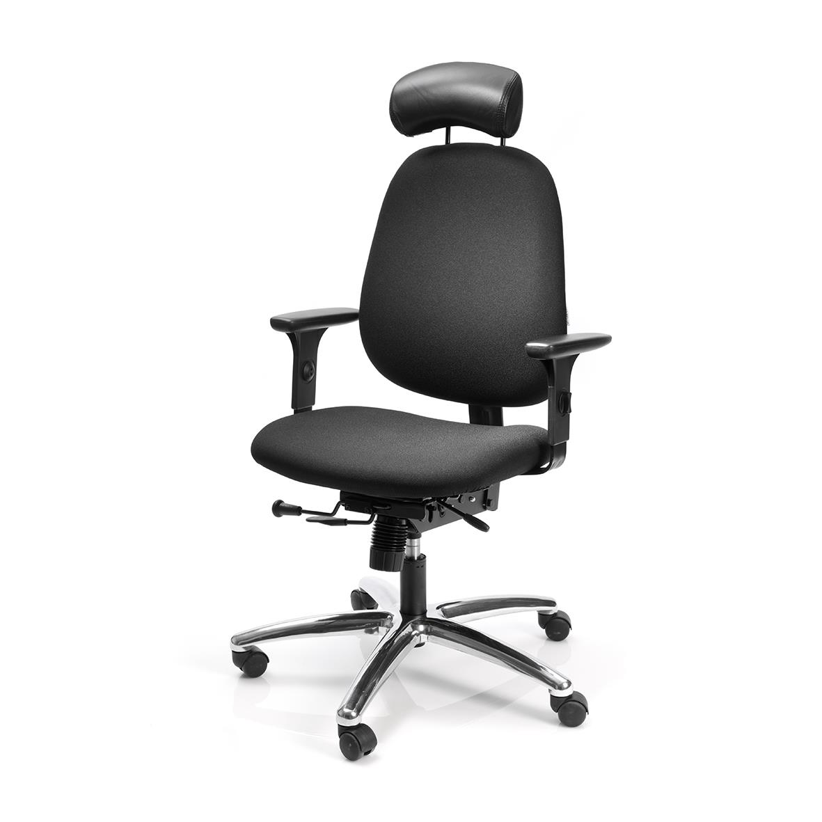 Svart kontorsstol med justerbart nackstöd, armstöd och hjul, ergonomisk design
