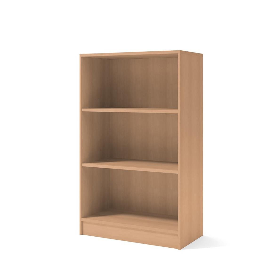 Öppen bokhylla i trä med tre hyllplan och öppet förvaringsutrymme, mått 805x1325x415mm