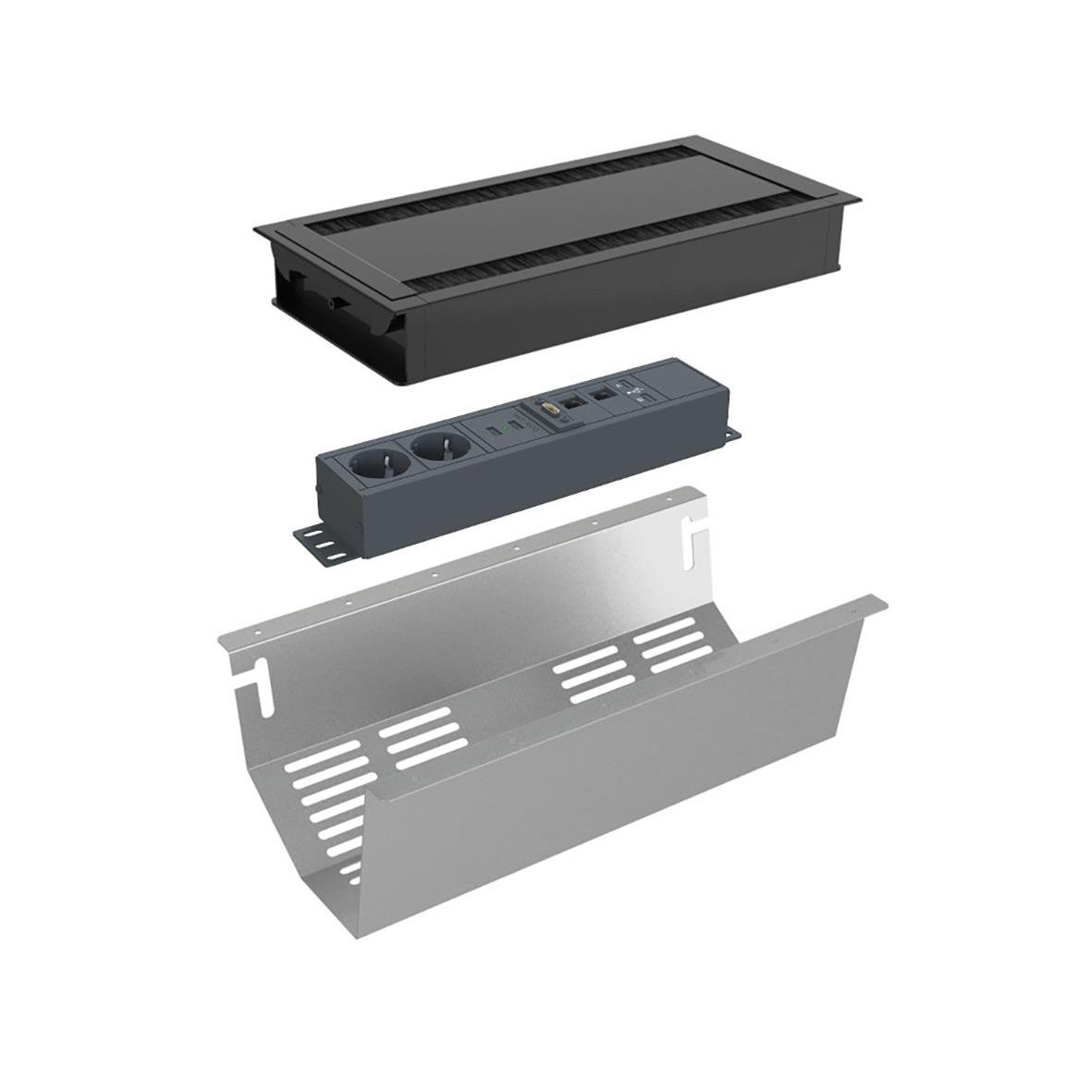 Teknikbox till konferensbord Madrid, svart placering B med eluttag och kabelhantering