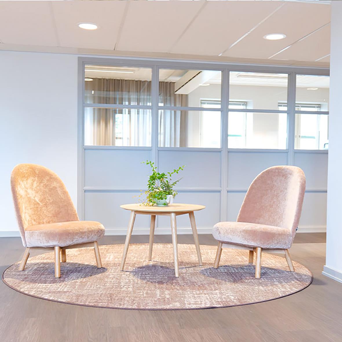 Två beige fåtöljer med ett runt bord och växt i mitten, i ett kontorsrum med glasväggar och fönster