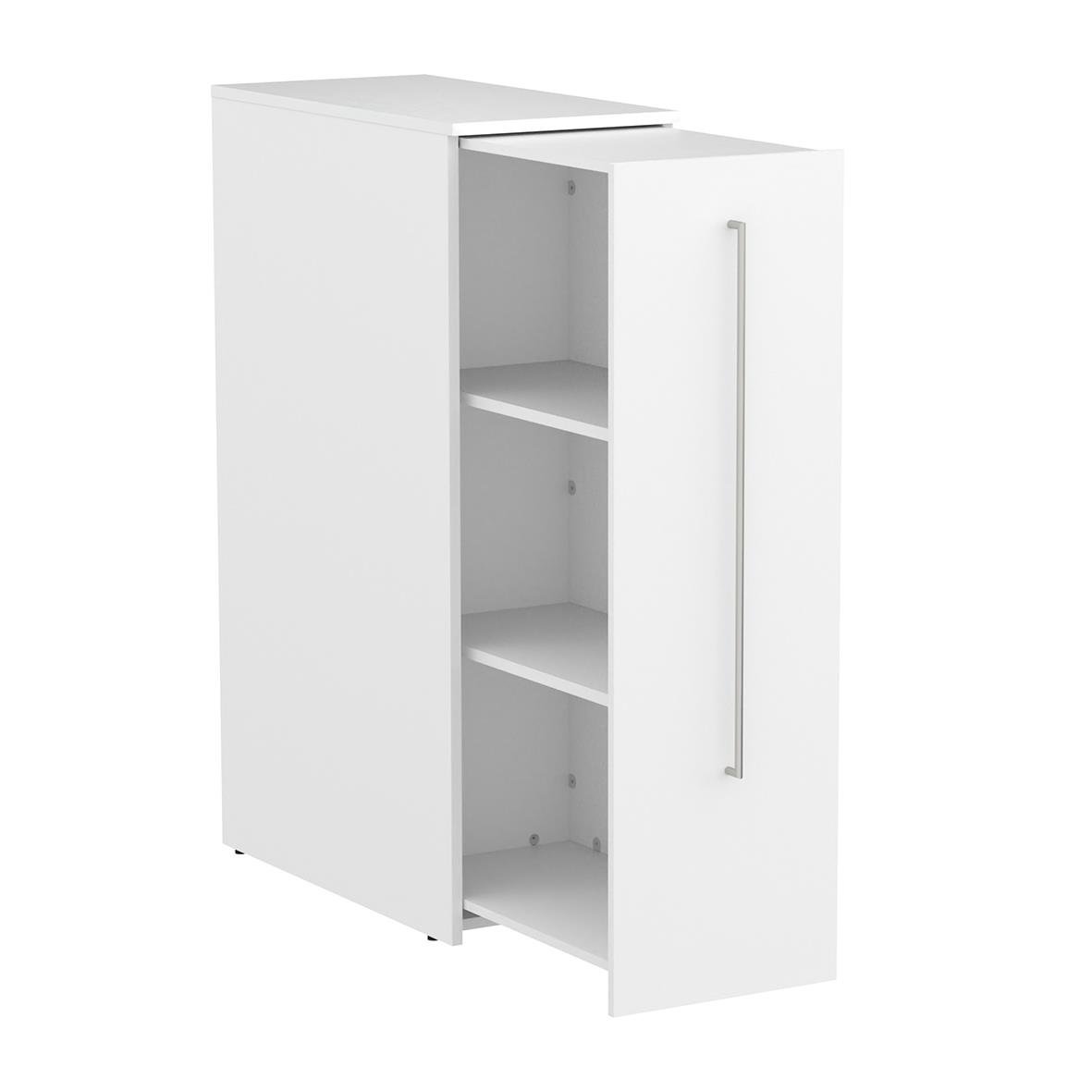 Vit sidoskåp med tre hyllor och lång handtag, mått 415x1325x800 mm