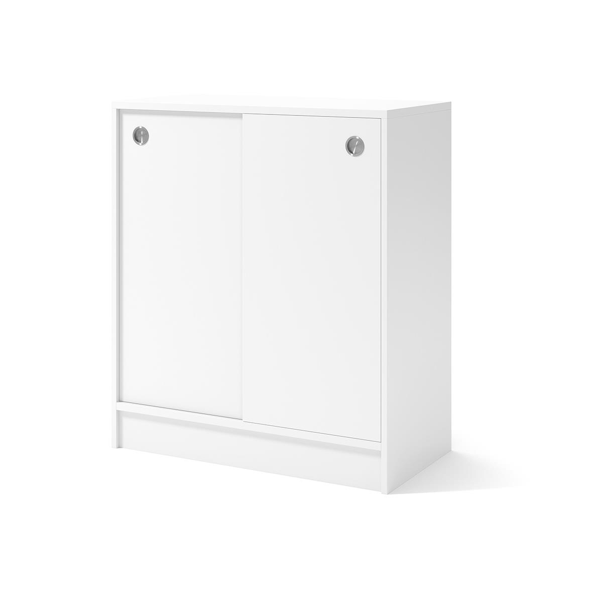 Vit förvaringsskåp med skjutdörrar och runda handtag, mått 805x925x415 mm
