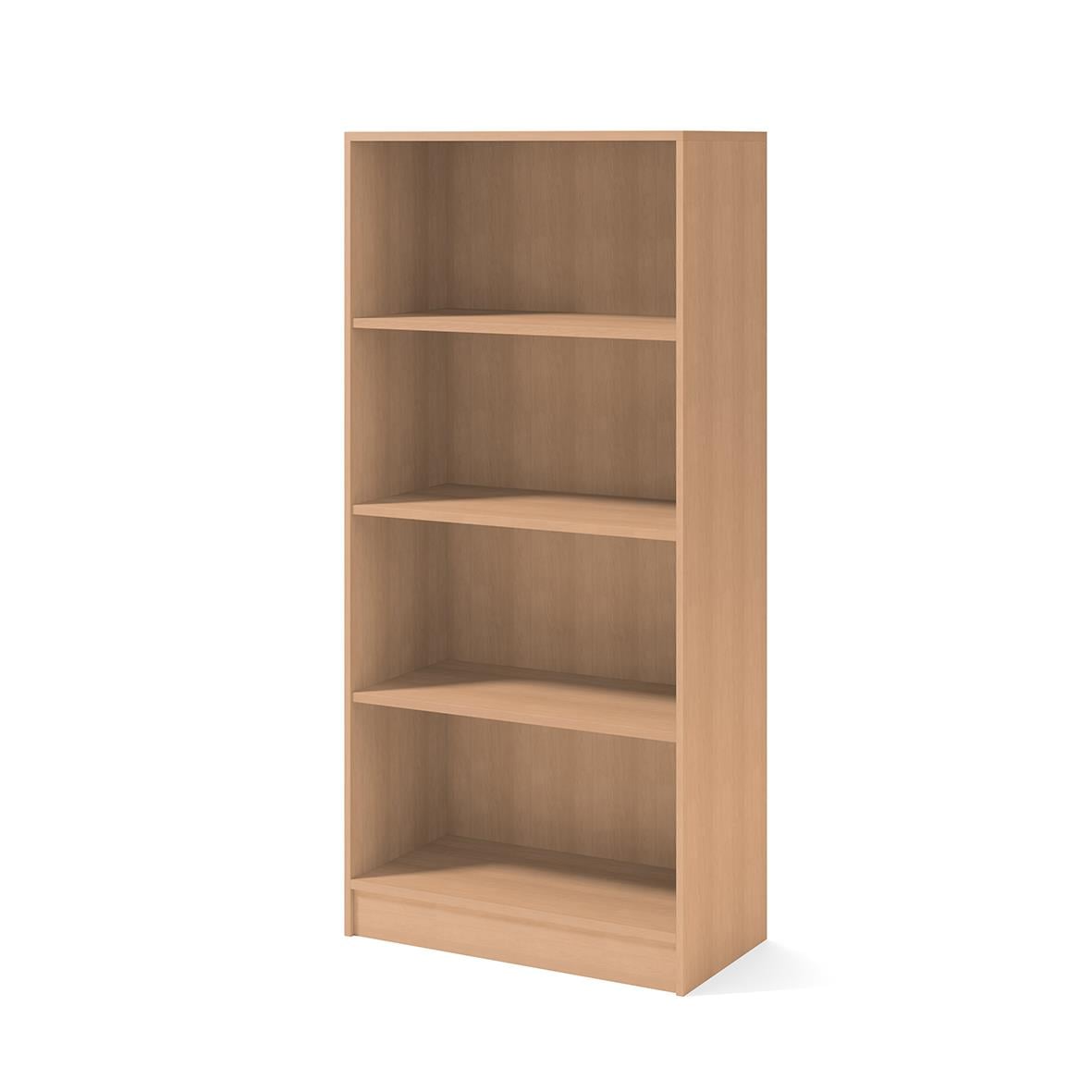 Ljust träfärgad förvaringsbokhylla med fyra hyllplan och en låda längst ner, mått 805x1725x415 mm