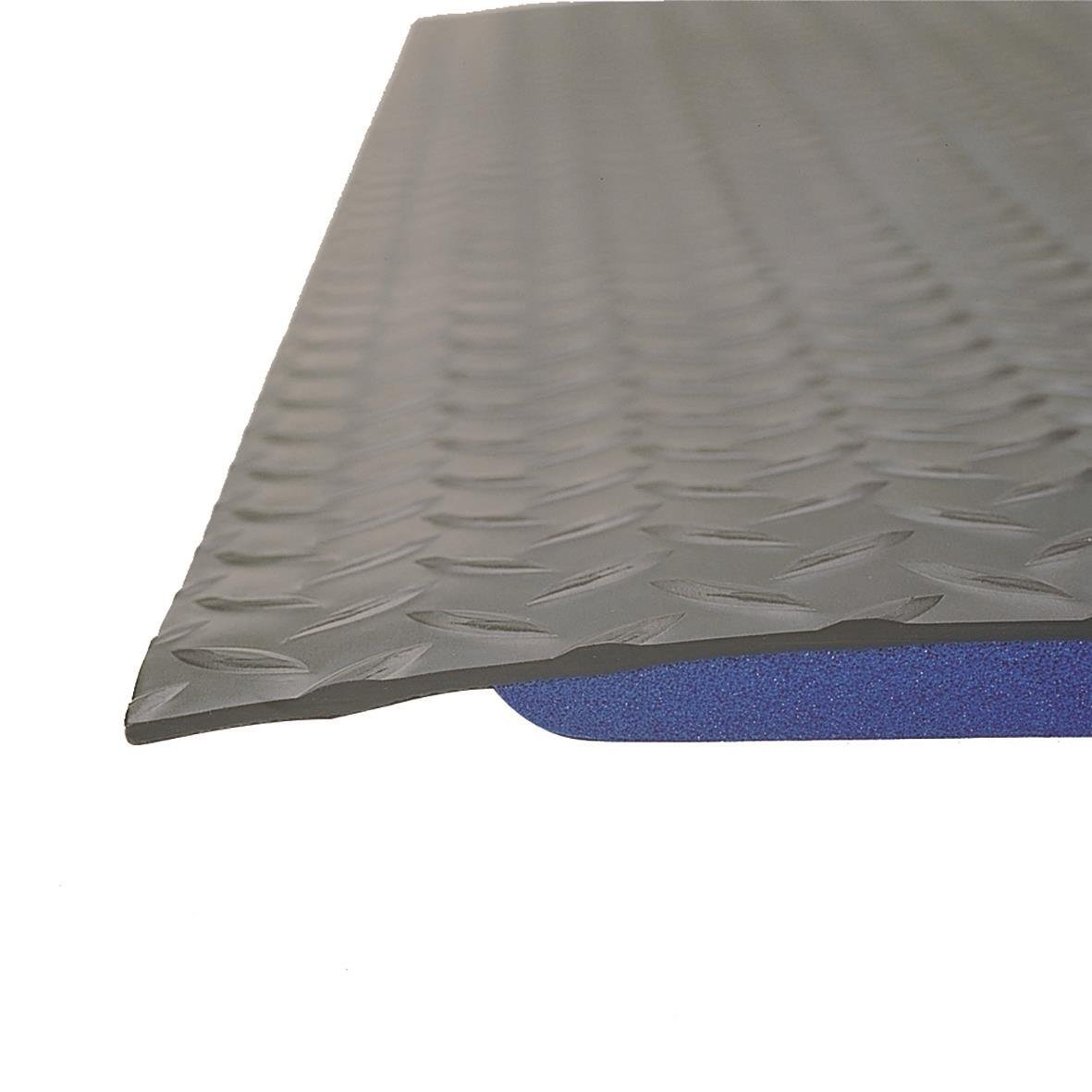 Svart arbetsplatsmatta i gummi med texturerad yta och blå undersida, 91x61cm