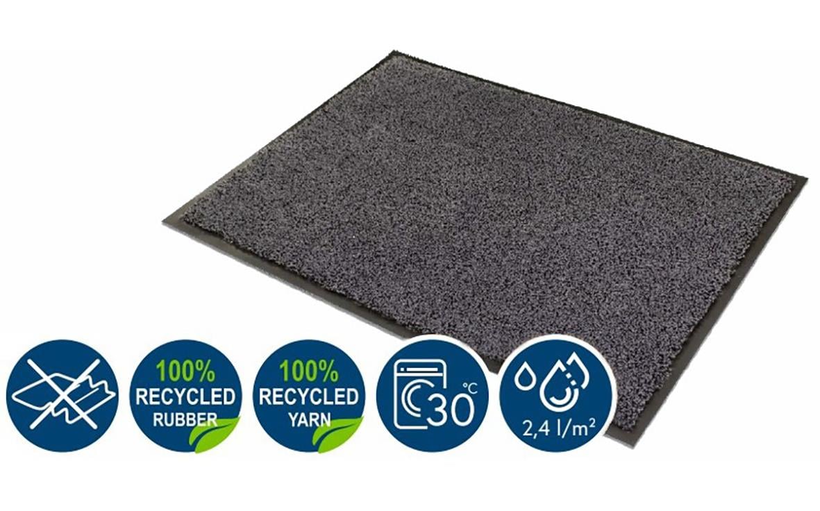 Entrématta Cosmos Grå 90x150cm i gummi och garn, 2,4 m²/m, kan tvättas i 30°C, tillverkad av återvunnet material