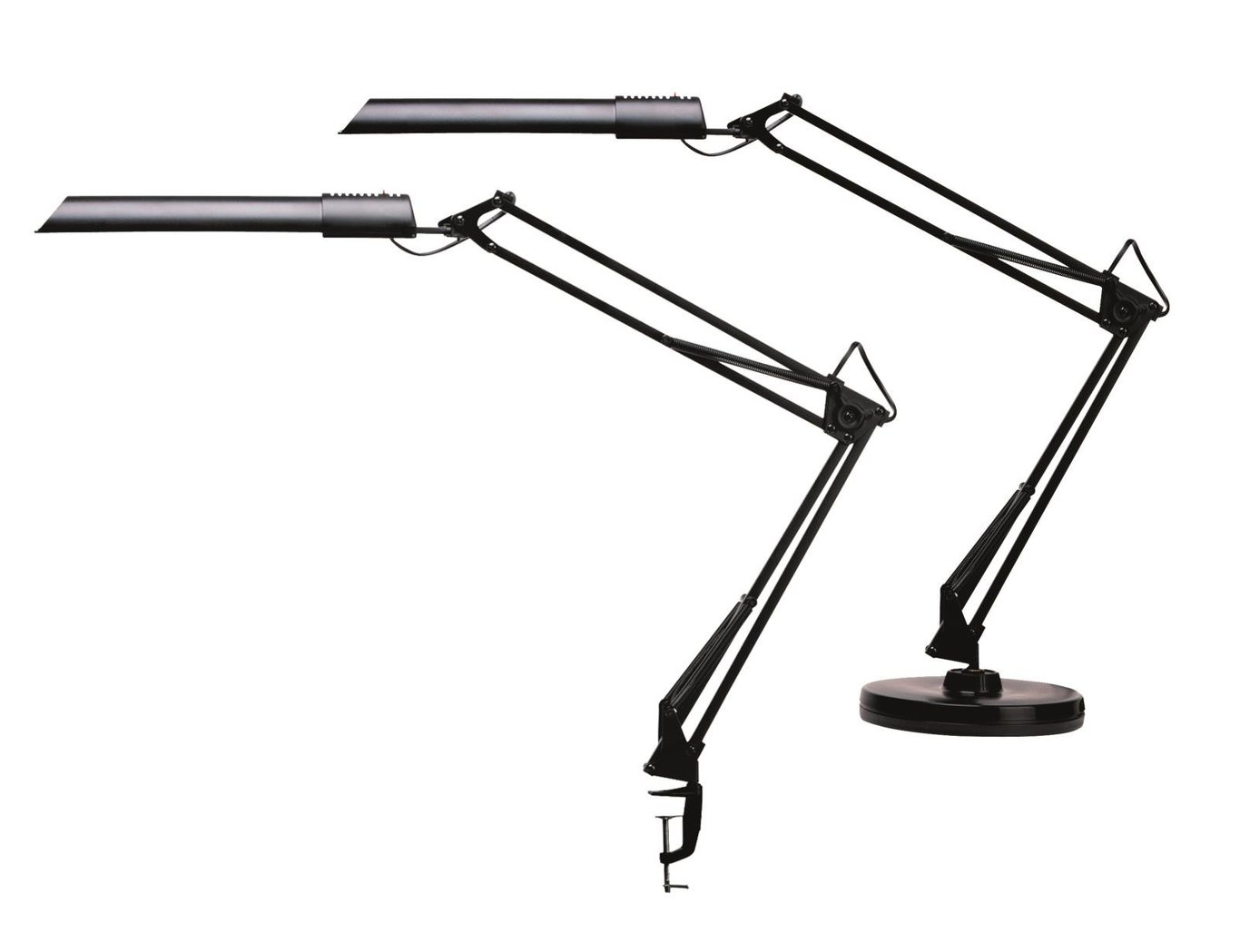 Svart bordslampa Unilux Swingo LED med justerbar arm, klämma och bordsfot