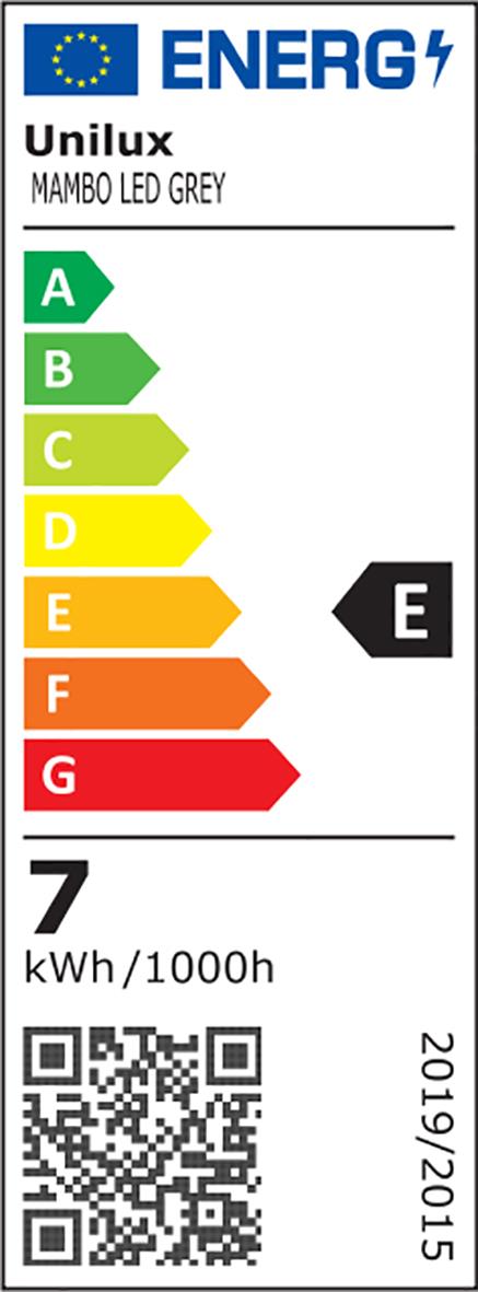 Energimärkningsetikett för Unilux Mambo LED grå bordslampa med energiklass E och energiförbrukning 7 kWh/1000h.