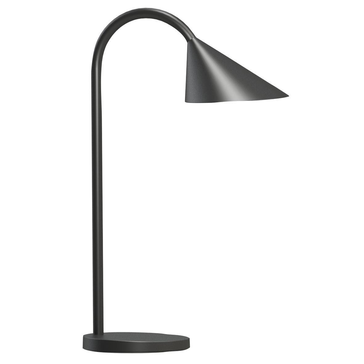 Svart bordslampa Unilux Sol LED med böjd arm och konformad lampskärm