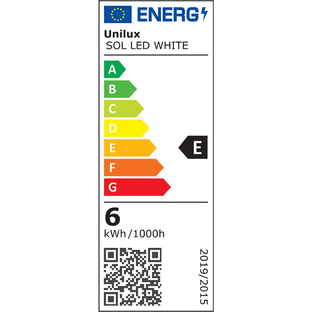 Energimärkningsetikett för Unilux Sol LED vit bordslampa med energiklass E och 6 kWh/1000h
