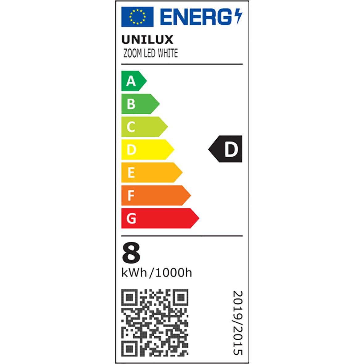 Energimärkning för Unilux Zoom LED Vit, energieffektivitetsklass D, 8 kWh/1000h, QR-kod