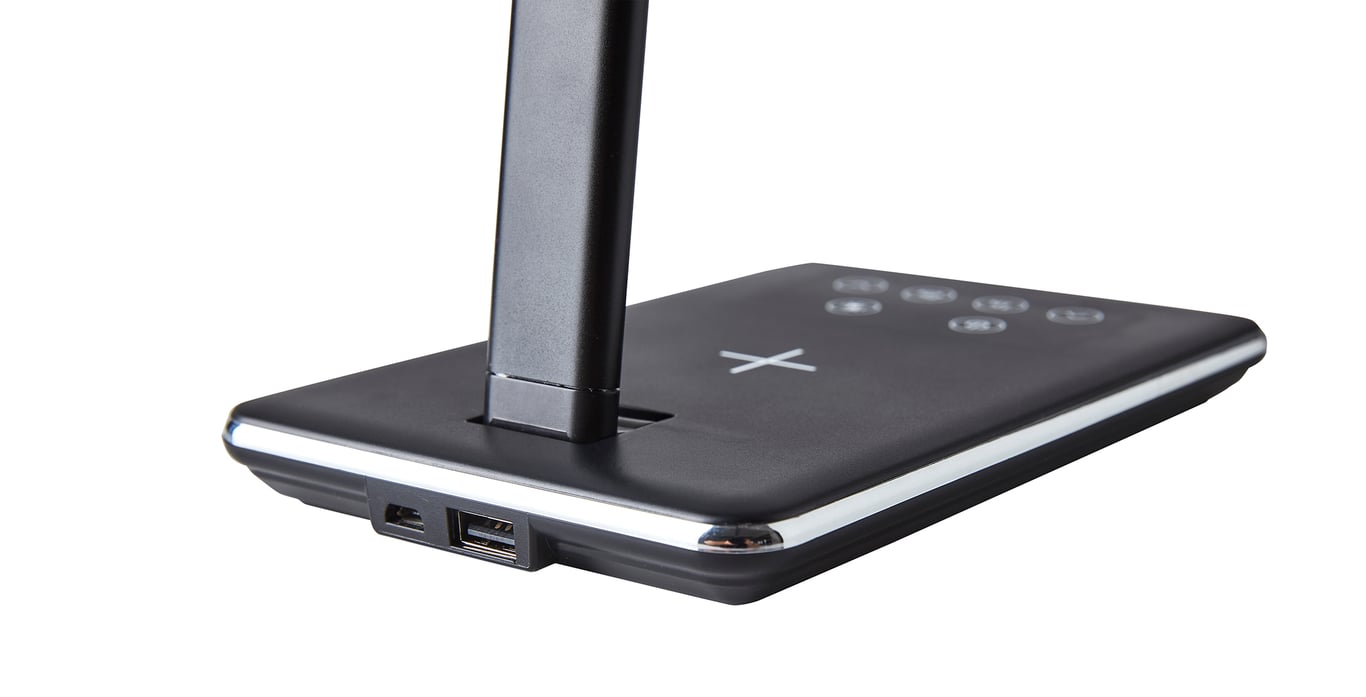 Svart bordslampa LightUp Singapore LED med trådlös laddning och USB-portar