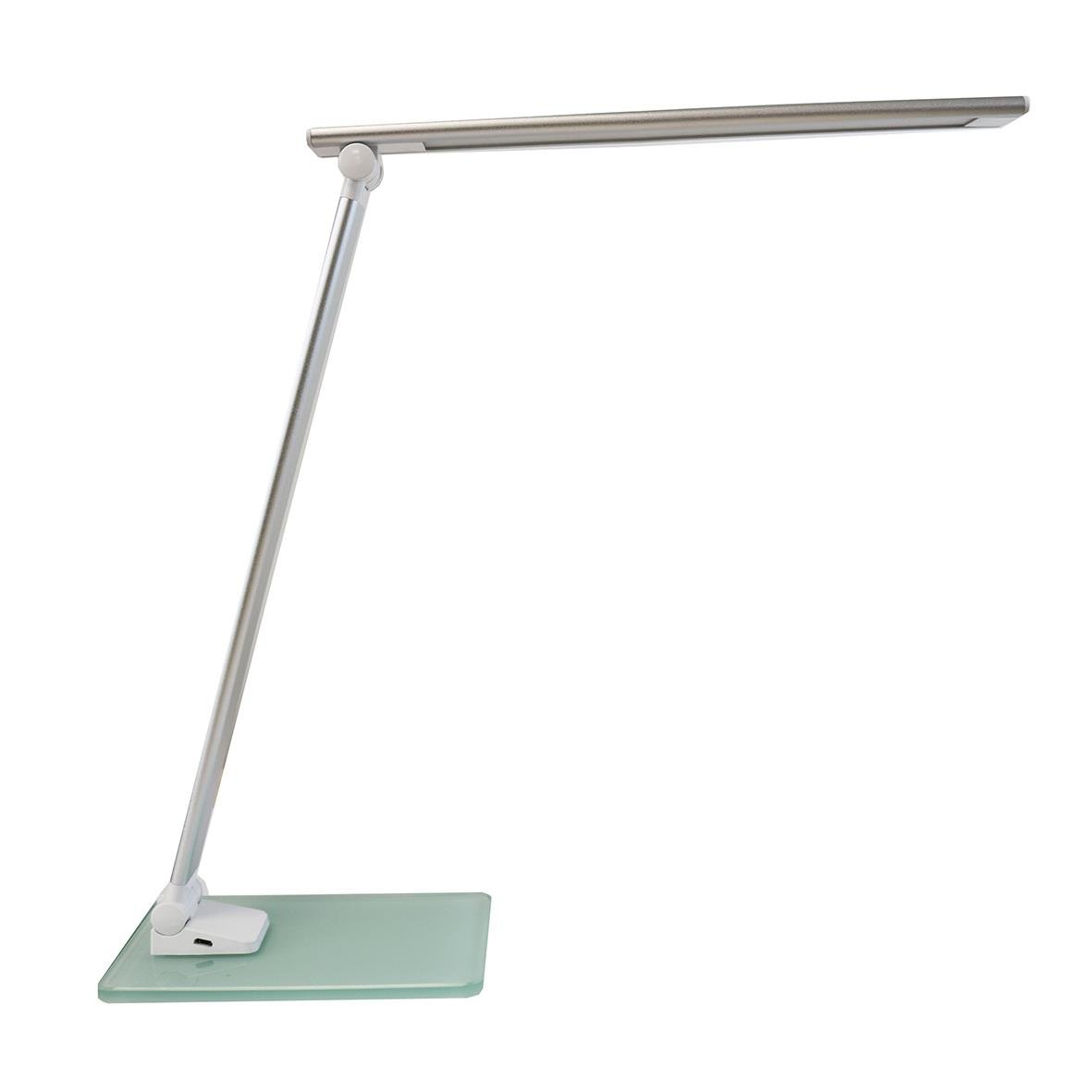 Grå bordslampa Unilux Popy LED med justerbar arm och platt bas