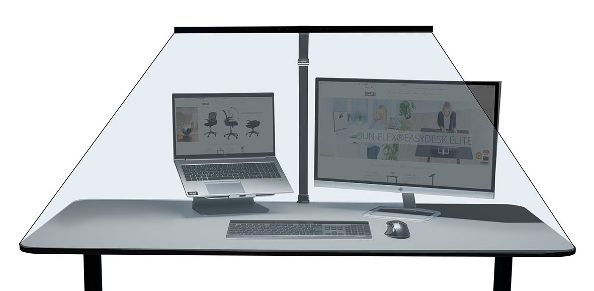 Bordslampa Sun-Flex Screenlite svart som lyser upp ett skrivbord med dator och skärm