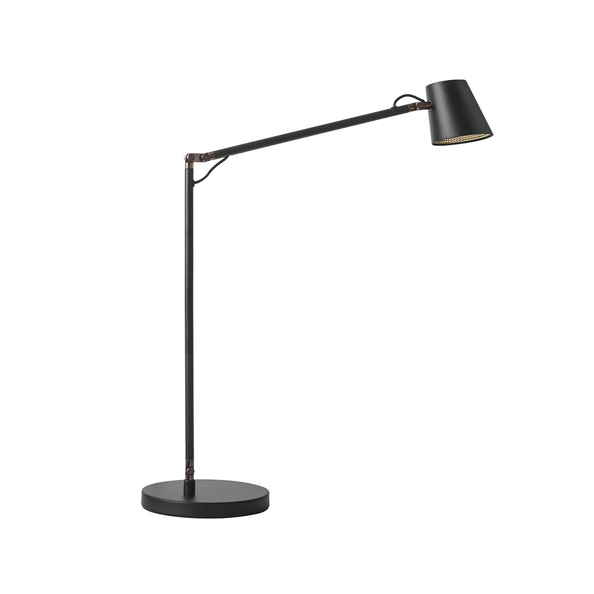 Svart skrivbordslampa med justerbar arm och rund bas