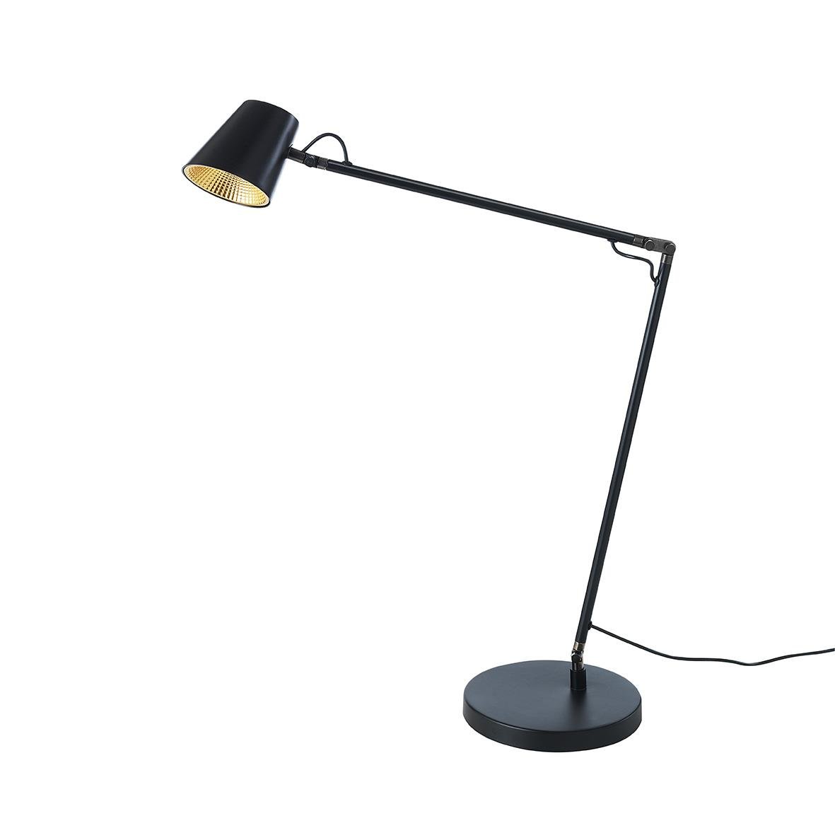 Svart skrivbordslampa med justerbar arm och rund bas