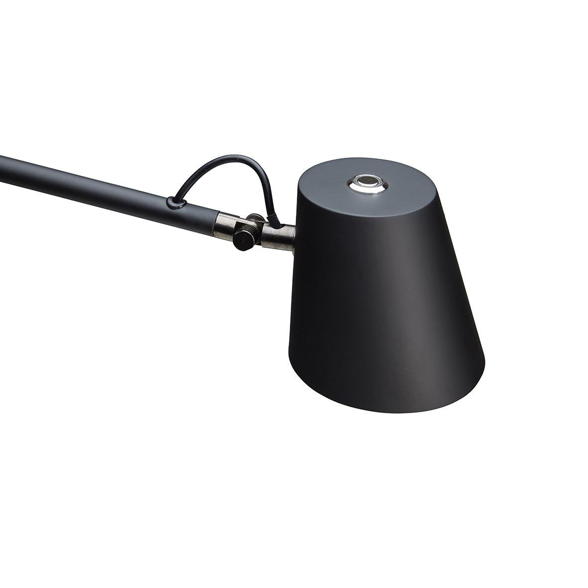 Svart golvlampa med justerbar arm och cylindrisk lampskärm