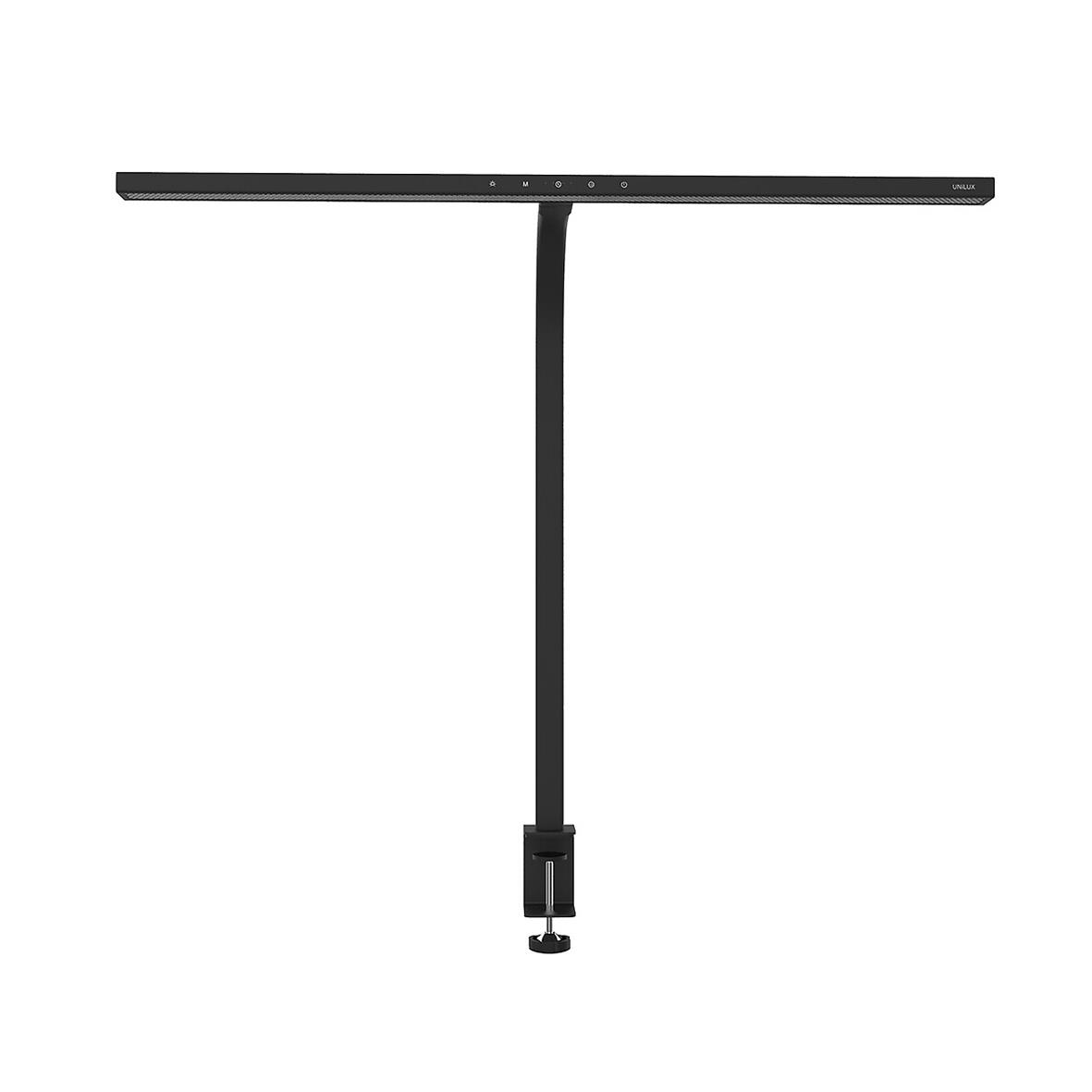 Skrivbordslampa Unilux Strata Lumino svart med lång arm och justerbar fästanordning