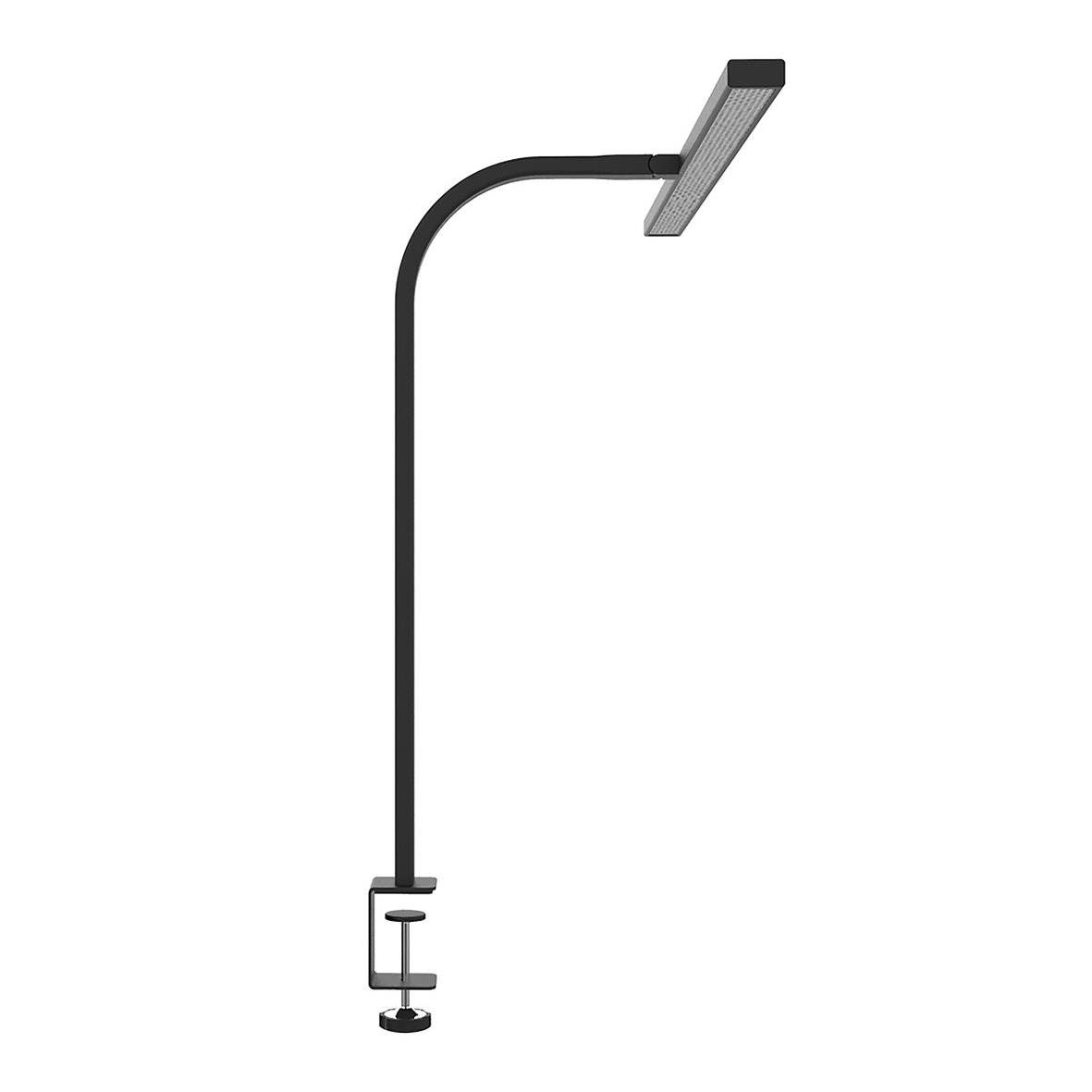 Svart skrivbordslampa Unilux Strata Lumino med böjd arm och justerbar ljuskälla