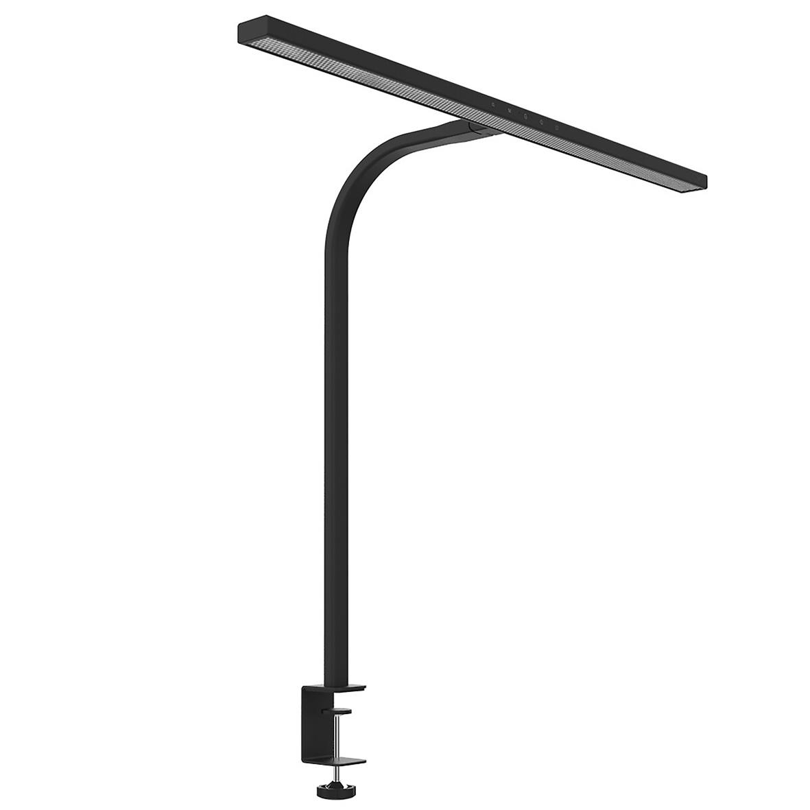 Svart skrivbordslampa Unilux Strata Lumino med lång arm och justerbar bas