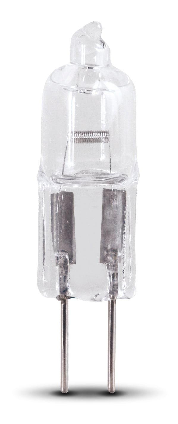 Två halogenlampor GE G4 med tydlig glaskropp och metallstift