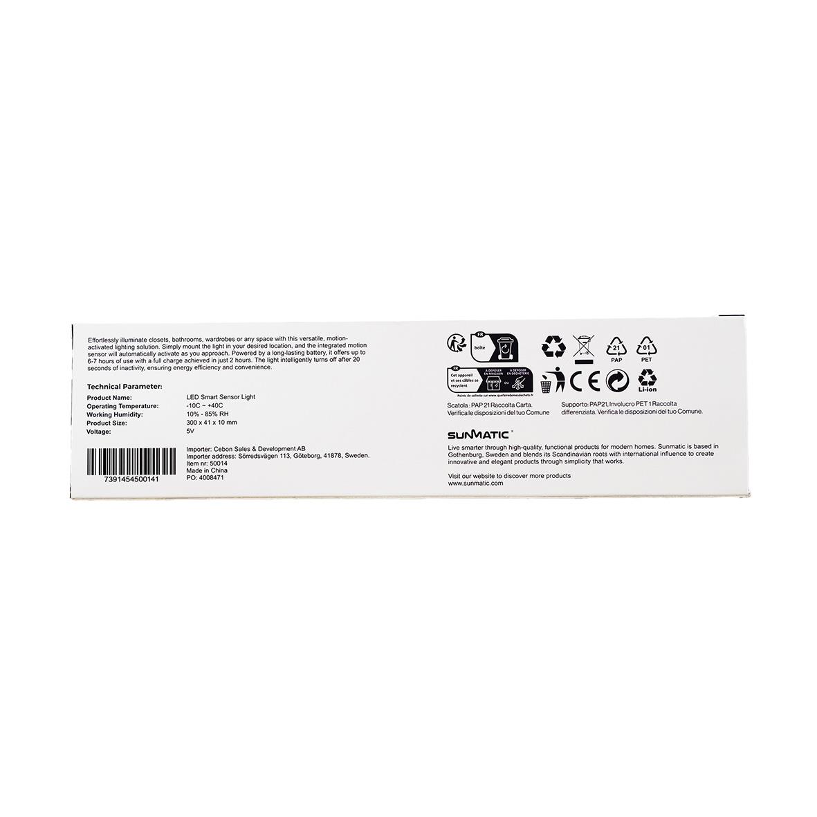 Förpackning av trådlös Sunmatic sensorlampa LED 30cm med ikoner för funktioner och certifieringar