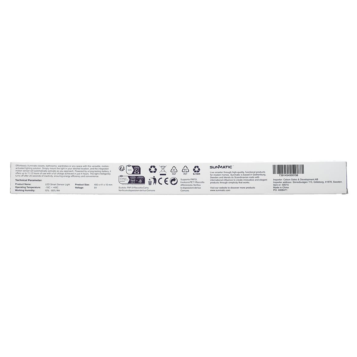 Förpackning av trådlös Sunmatic sensorlampa LED 40cm med instruktioner och symboler